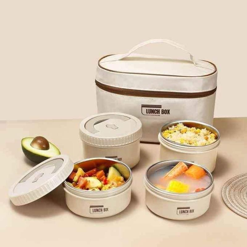 Ensemble de 4 boîtes à lunch isothermes empilables en inox – Étanches avec sac de transport thermique