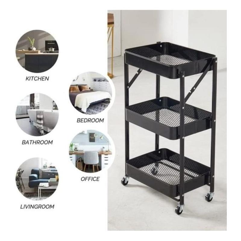 Chariot de Cuisine Pliable à 3 Niveaux en Métal