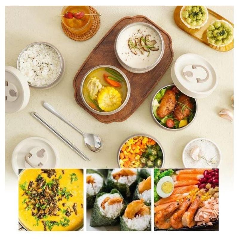 Ensemble de 4 boîtes à lunch isothermes empilables en inox – Étanches avec sac de transport thermique